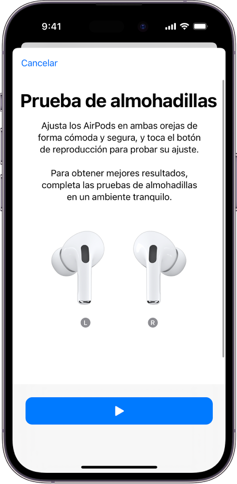 La pantalla de un iPhone mostrando la prueba de ajuste de las almohadillas de los AirPods Pro 1.