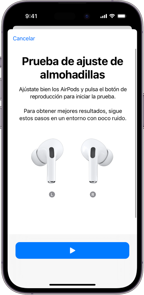 Pantalla de iPhone con la prueba de ajuste de almohadillas para los AirPods Pro 1.