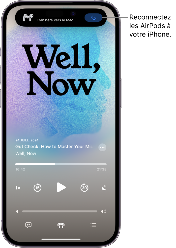 L’écran verrouillé d’un iPhone qui affiche le message « Transféré vers le Mac » dans le haut et un bouton pour reconnecter les AirPods à l’iPhone.