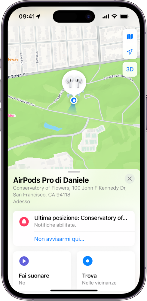 Una schermata dell’app Dov’è su iPhone. La posizione degli AirPods Pro viene visualizzata su una mappa di San Francisco con un indirizzo e le opzioni per farli suonare, ottenere indicazioni o di notifica.