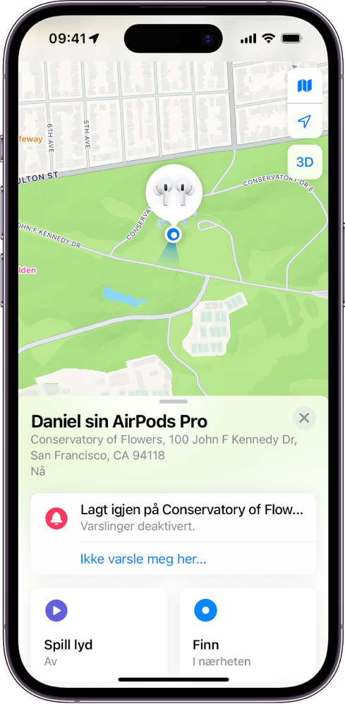 En skjerm fra Hvor er-appen på iPhone. Posisjonen til AirPods Pro vises på et kart over San Francisco sammen med en adresse og alternativene Spill lyd, Finn og Varslinger.