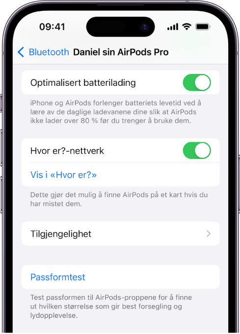 Bluetooth-innstillinger på en iPhone som viser valg for AirPods Pro (alle generasjoner). Valget Hvor er-nettverk er på, slik at du kan finne hver enkelt AirPod på et kart når du har mistet dem.