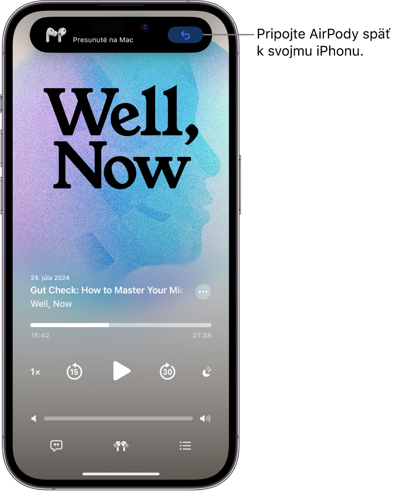 Zamknutá obrazovka na iPhone so správou „Presunuté na Mac“ vo vrchnej časti obrazovky a tlačidlom na prepnutie AirPodov späť na iPhone.
