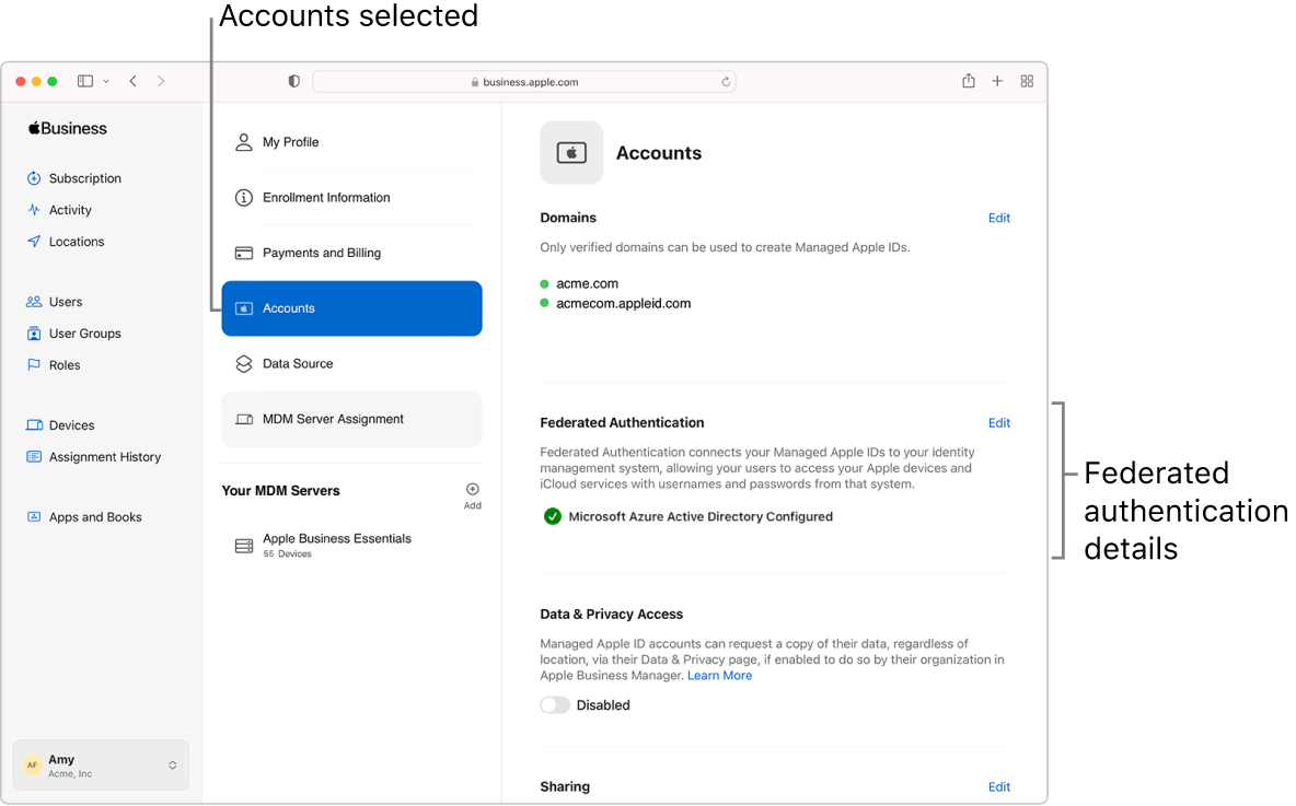 Apple Business Manager विंडो जिसमें साइडबार में “सेटिंग्ज़” चुनी गई है। खाते पैन एक साइन-इन किया हुआ यूज़र दिखाता है जिसके साथ फ़ेडरेट प्रमाणीकरण कॉन्फ़िगर और सक्षम किया हुआ होता है।