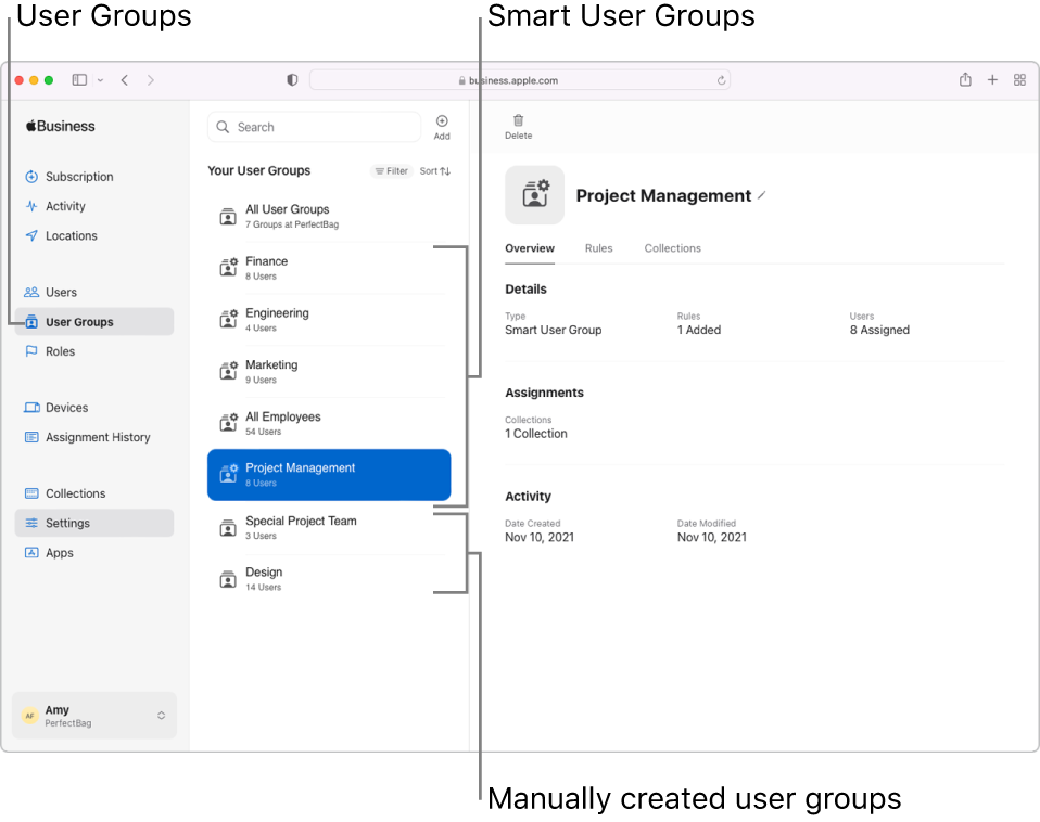 La ventana de Apple Business Essentials con la opción Grupos de usuarios seleccionada en la barra lateral. Un grupo inteligente de usuarios está seleccionado y se muestra información sobre ese grupo de usuarios.