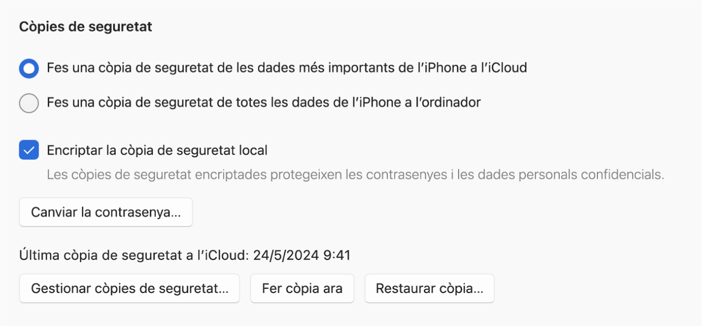 Una finestra de Dispositius Apple amb les opcions per fer còpies de seguretat d’un dispositiu Apple i per restaurar‑lo.