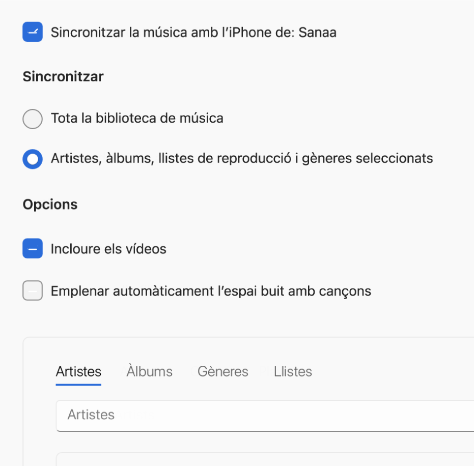La finestra principal de l’app Dispositius Apple amb les opcions de música.