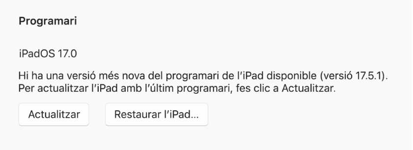 El botó d’actualitzar apareix al costat del botó de restaurar el dispositiu.
