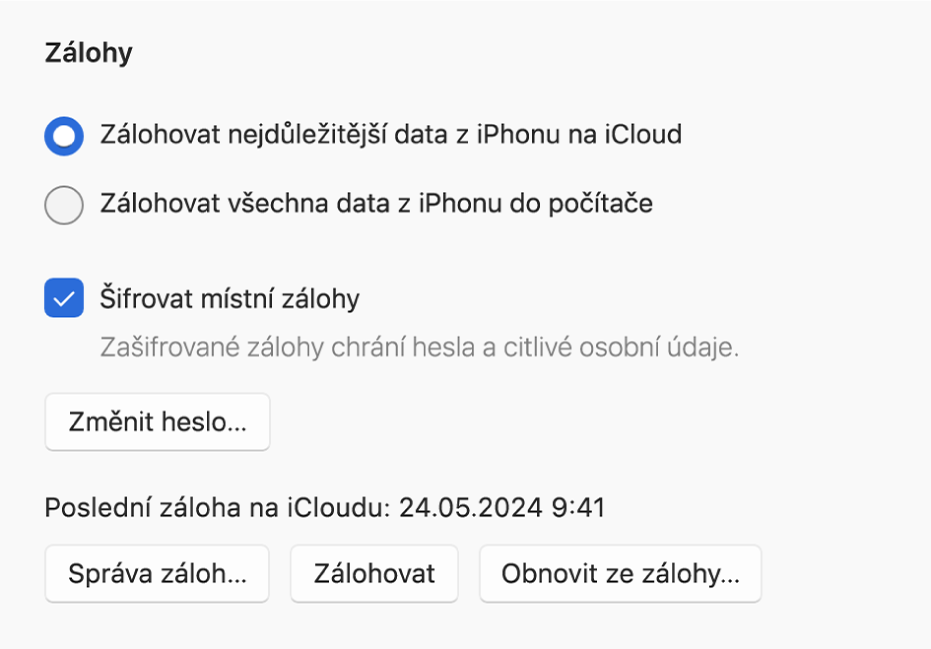 Okno aplikace Apple Devices s volbami pro zálohování a obnovení zařízení Apple