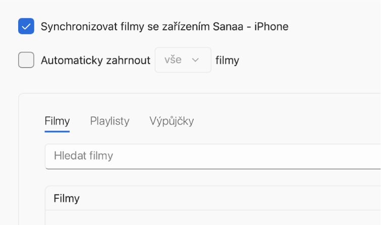 Zaškrtnuté políčko „Synchronizovat filmy se zařízením [zařízení]“ a pod ním místní nabídka „Automaticky zahrnout“