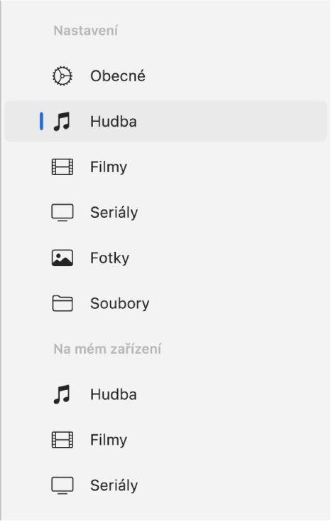 Boční panel s vybranou volbou Hudba