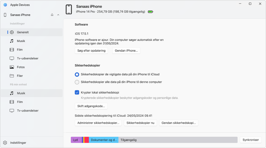 Hovedvinduet i Apple-enheder, der viser indstillinger til software, sikkerhedskopiering m.m.