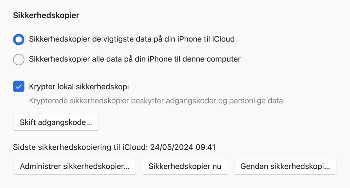 Et vindue i Apple Devices med indstillinger til sikkerhedskopiering og gendannelse af en Apple-enhed.