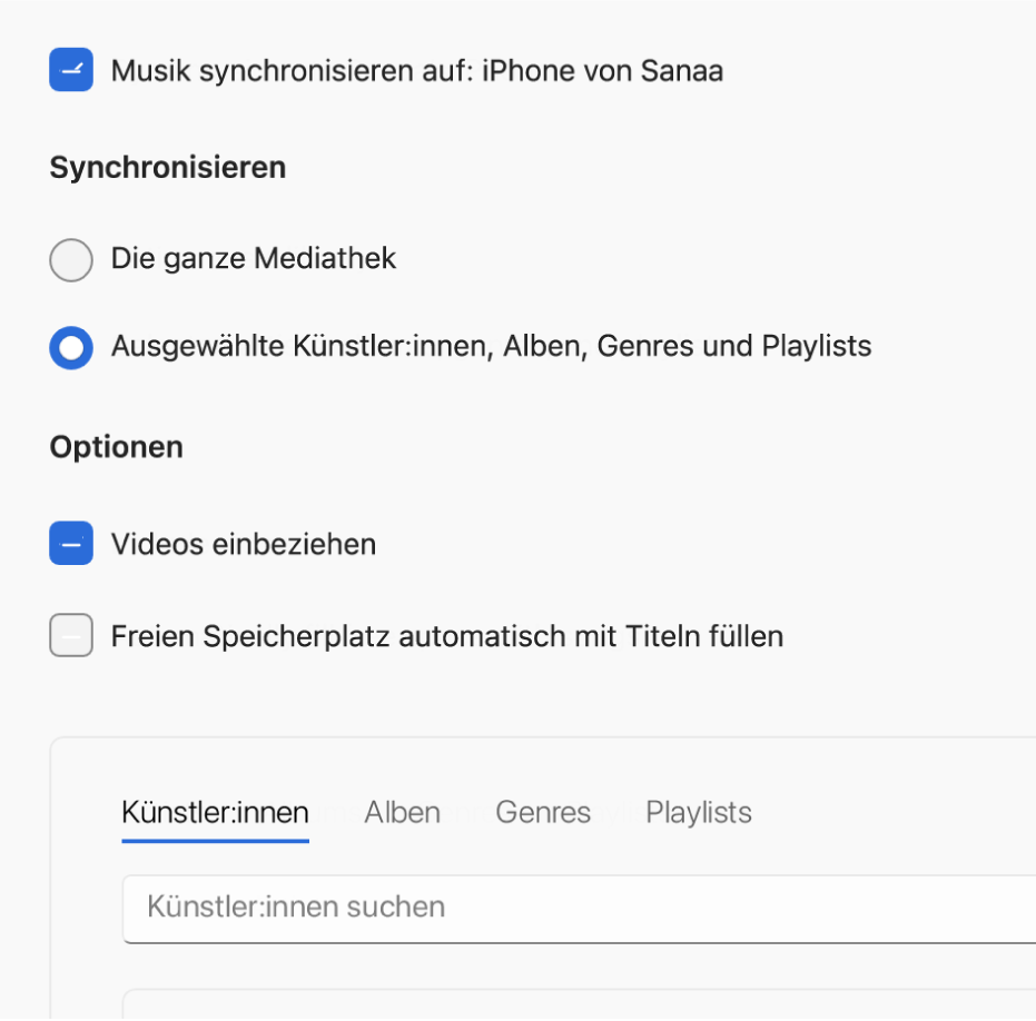 Das Fenster „Apple-Geräte“ mit den Synchronisierungsoptionen für Musik.