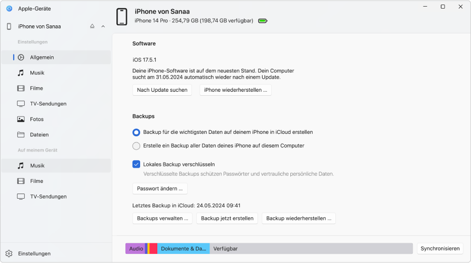 Das Hauptfenster von „Apple-Geräte“ zeigt „Software“, „Backup“ und weitere Optionen an.