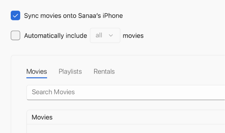 “Sync Movies onto [device]” tick box is selected. Below that, the “Automatically include” tick box is selected and “all” is chosen in the pop-up menu.