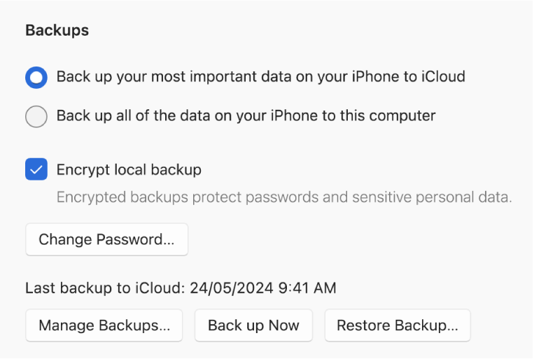 The options for backing up data from a device showing two buttons to select backing up to iCloud or to the Windows device, an “Encrypt local backup” tick box for encrypting backup data, and additional buttons for managing backups, restoring from a backup and starting a backup.