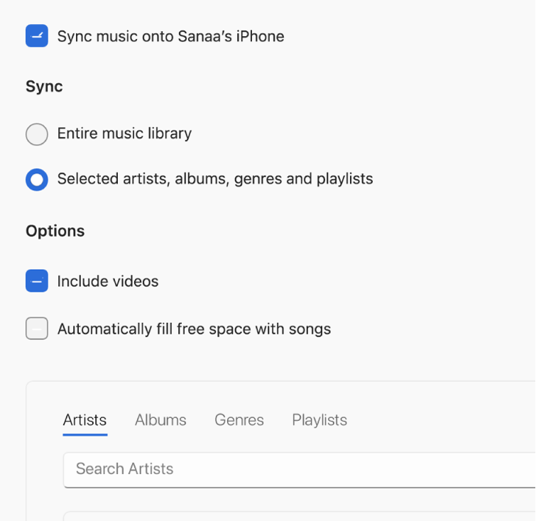 “Sync music onto device” tick box appears with additional options for syncing your entire library or only selected music with videos and voice memos.
