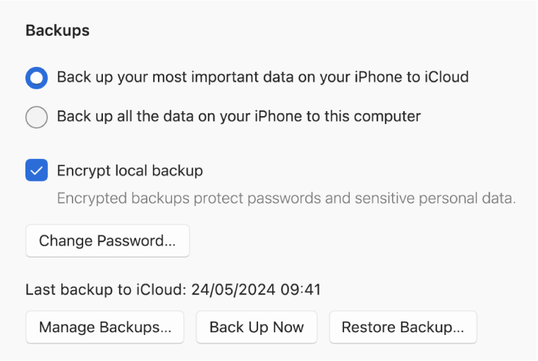The options for backing up data from a device showing two buttons to select backing up to iCloud or to the Windows device, an “Encrypt local backup” tickbox for encrypting backup data and additional buttons for managing backups, restoring from a backup and starting a backup.
