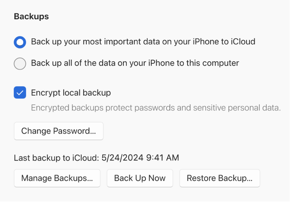 An Apple Devices window showing options for backing up and restoring an Apple device.