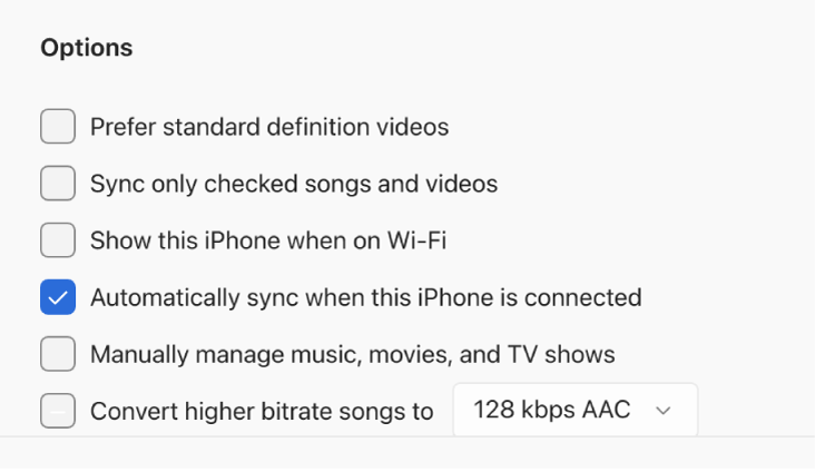 Options for syncing your Apple device and Windows device. “Automatically sync when this iPhone is connected” is selected.