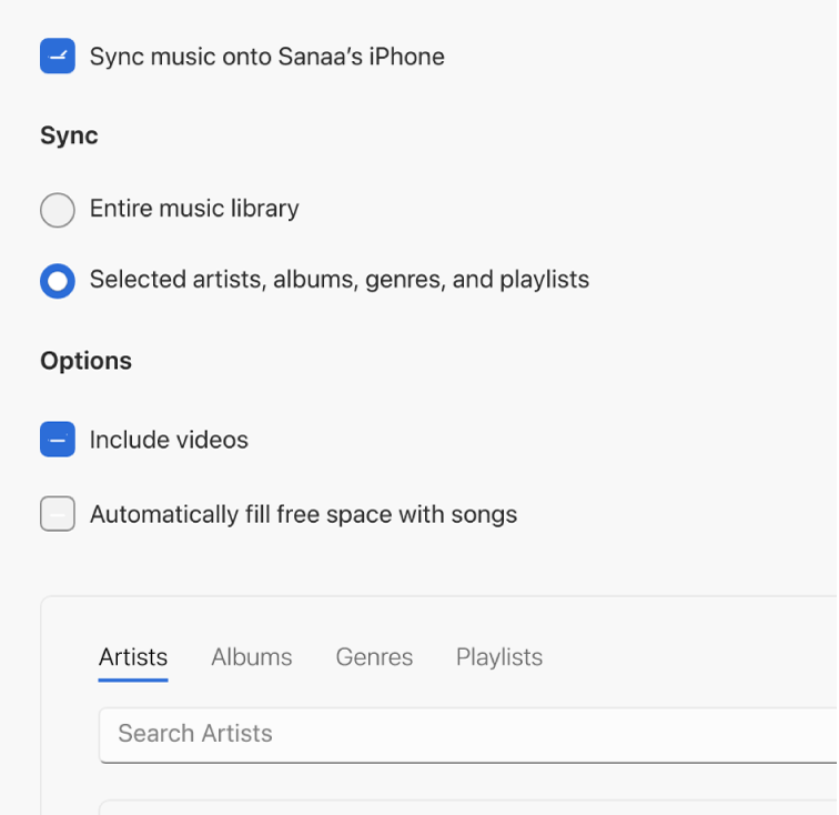 “Sync music onto device” checkbox appears with additional options for syncing your entire library or only selected music with videos and voice memos.