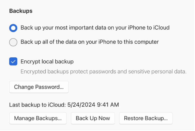 The options for backing up data from a device showing two buttons to select backing up to iCloud or to the Windows device, an “Encrypt local backup” checkbox for encrypting backup data, and additional buttons for managing backups, restoring from a backup, and starting a backup.