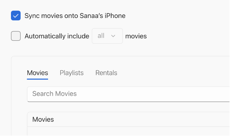 The “Sync movies onto [device]” checkbox is selected, and the “Automatically include” pop-up menu is below that.