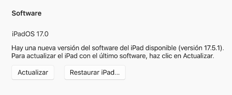 El botón “Restaurar [dispositivo]” se muestra junto al botón “Buscar actualización”.