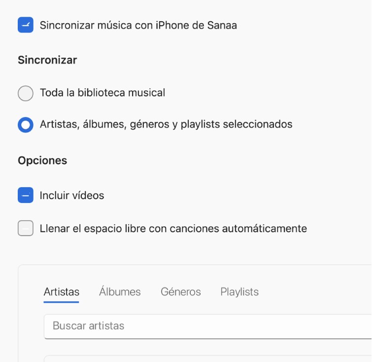 La casilla “Sincronizar música con el dispositivo” se muestra con opciones adicionales para sincronizar la biblioteca completa o solo la música seleccionada con vídeos y notas de voz.