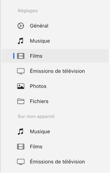 La barre latérale qui affiche l’option Films sélectionnée.