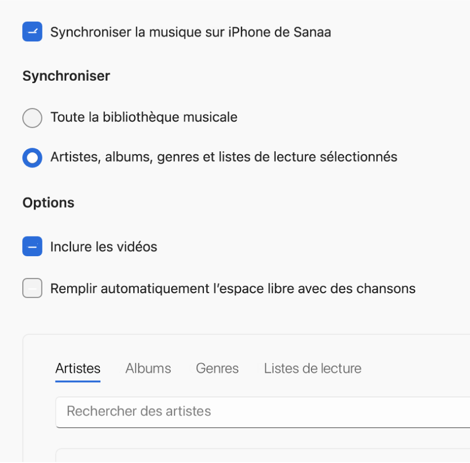 La fenêtre Appareils Apple qui affiche l’option de synchronisation pour la musique.
