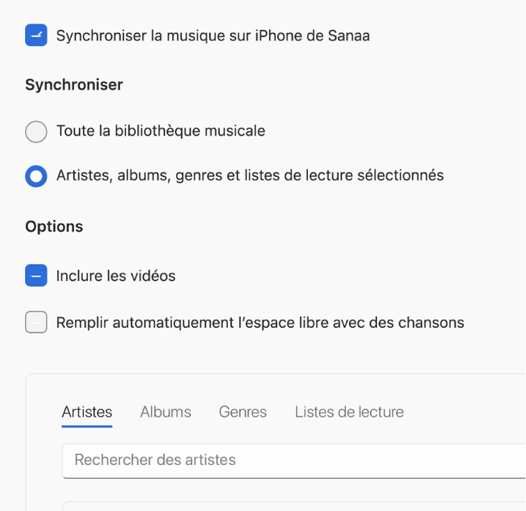 La case à cocher « Synchroniser la musique avec l’appareil » s’affiche avec des options supplémentaires pour synchroniser l’ensemble de votre bibliothèque ou uniquement la musique sélectionnée avec les vidéos et les mémos vocaux.