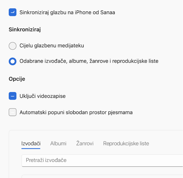 Kvadratić “Sinkroniziraj glazbu na uređaj” pojavljuje se s dodatnim opcijama za sinkroniziranje vaše cijele medijateke ili samo odabrane glazbe s videozapisima i audio snimkama.