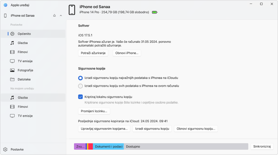 Glavni prozor aplikacije Apple uređaji s prikazom softvera, sigurnosne kopije i drugih opcija.