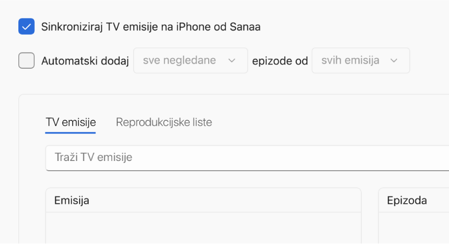 Odabrana je kućica “Sinkroniziraj TV emisije na [uređaj]”. Ispod toga odabrana je kućica “Automatski uključi”. U pripadajućim skočnim izbornicima odabrane su opcije “sve negledano” i “sve emisije”.