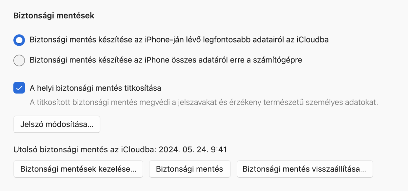 Egy Apple Devices ablakban egy Apple-eszköz biztonsági mentésének és visszaállításának lehetőségei láthatók.