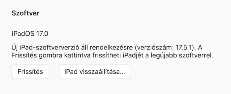 A „Frissítés” gomb megjelenik az „Eszköz visszaállítása” gomb mellett.