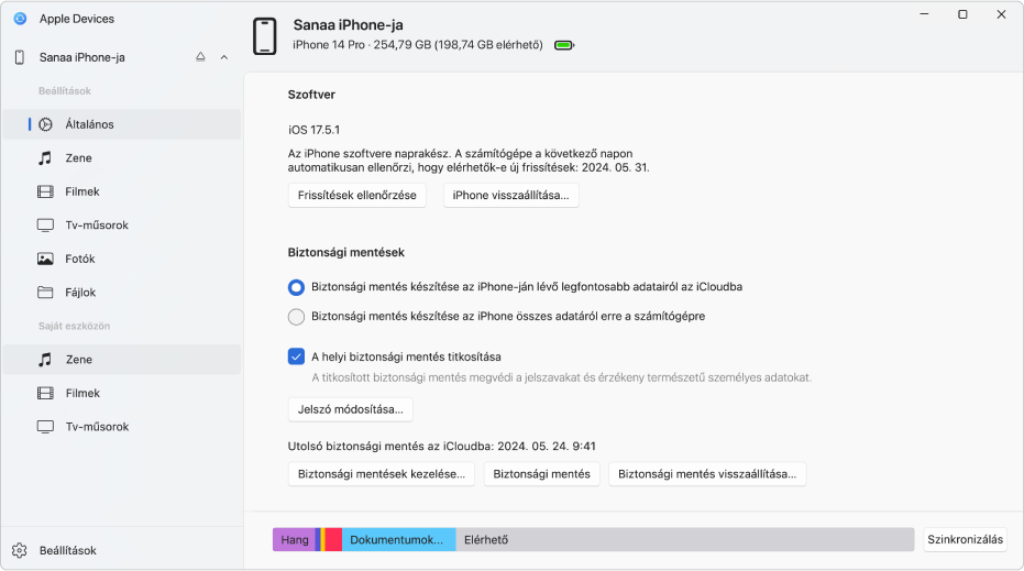 Az Apple Devices főablakában a szoftverrel, biztonsági mentéssel és egyebekkel kapcsolatos lehetőségek láthatók.
