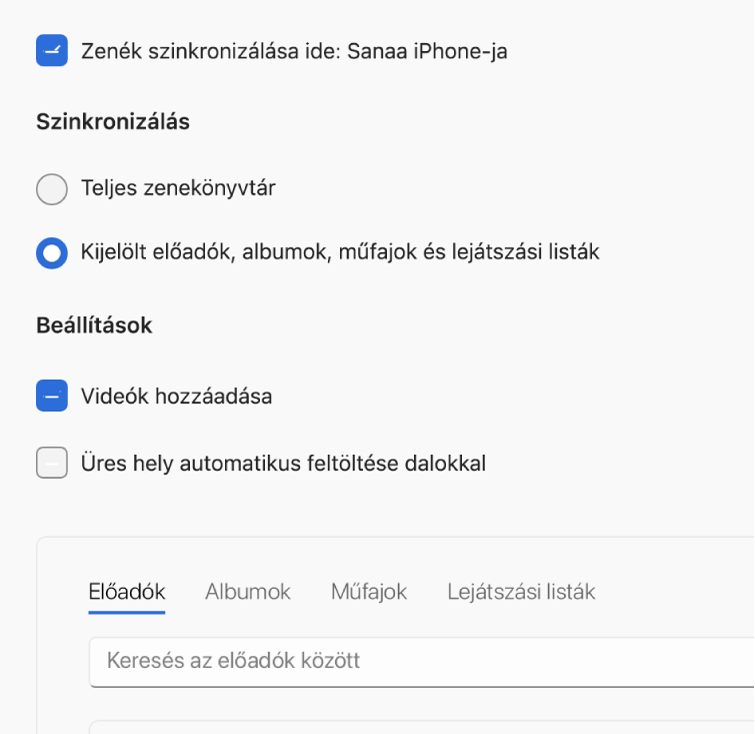 A „Zene szinkronizálása ide” jelölőmező megjelenik további beállításokkal, ahol megadhatja a teljes könyvtár vagy csupán a kiválasztott zene, videók és hangjegyzetek szinkronizálásának beállításait.