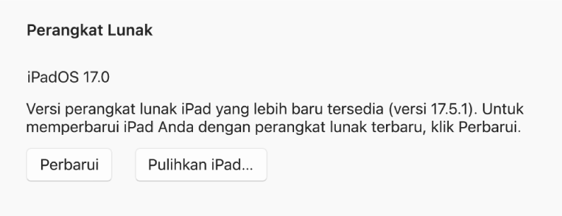 Tombol “Perbarui” muncul di samping tombol “Pulihkan perangkat”.