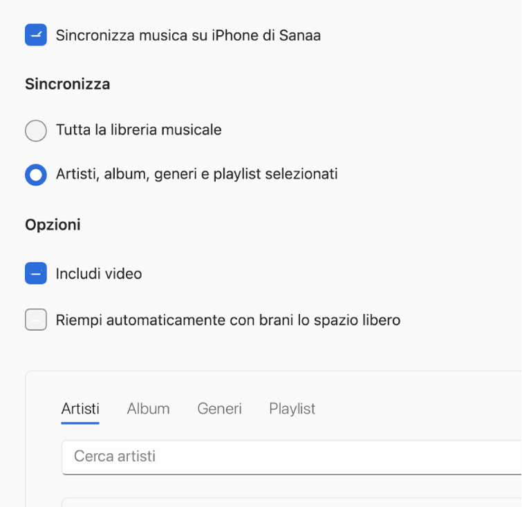 L’opzione “Sincronizza musica sul dispositivo” è visualizzata con ulteriori opzioni per sincronizzare tutta la libreria o solo la musica selezionata, con video e memo vocali.