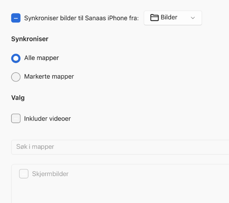 Valgknapper for «Alle bilder og albumer» og Markerte albumer vises med avkrysningsrutene «Kun favoritter», «Inkluder videoer» og «Inkluder automatisk bilder fra» under.