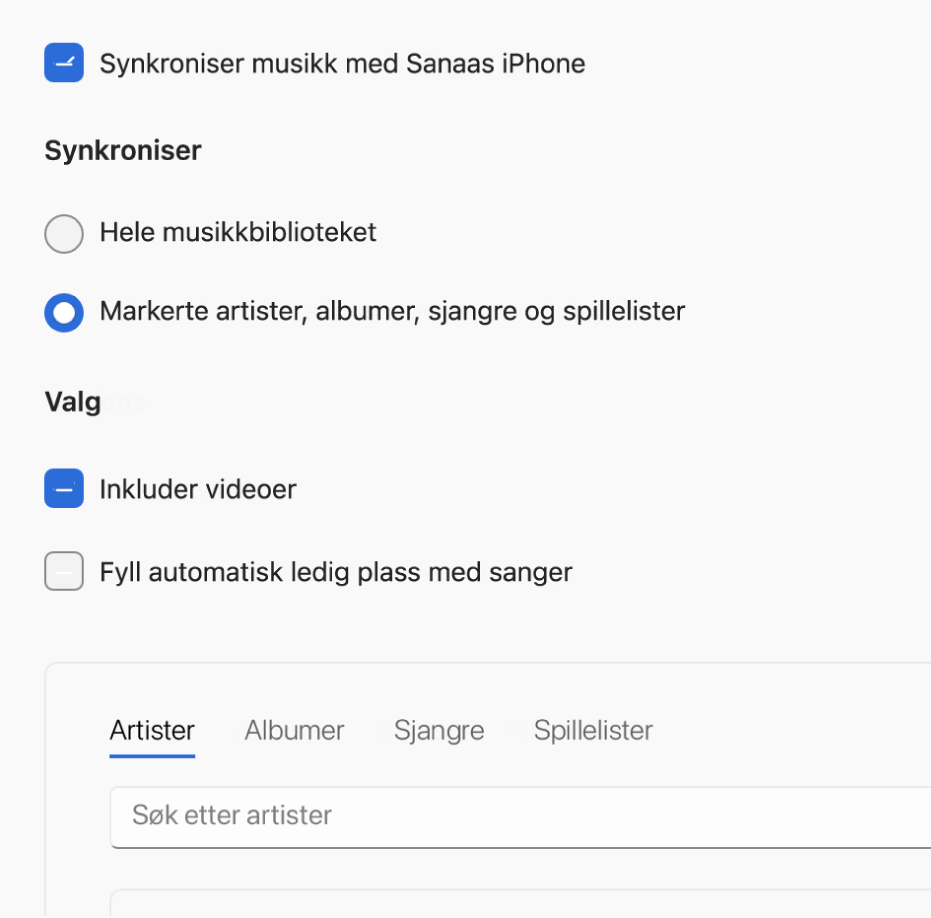 Et vindu i appen Apple-enheter viser synkroniseringsalternativet for musikk.