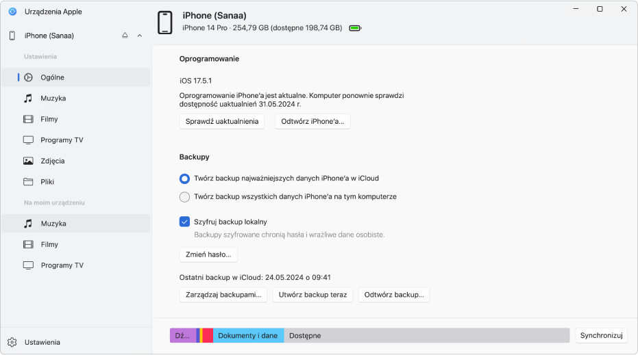 Główne okno aplikacji Urządzenia Apple wyświetlające opcje dotyczące oprogramowania i backupu oraz inne.