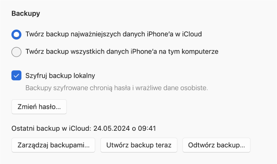 Okno aplikacji Urządzenia Apple wyświetlające opcje tworzenia backupu urządzenia Apple oraz odtwarzania go.