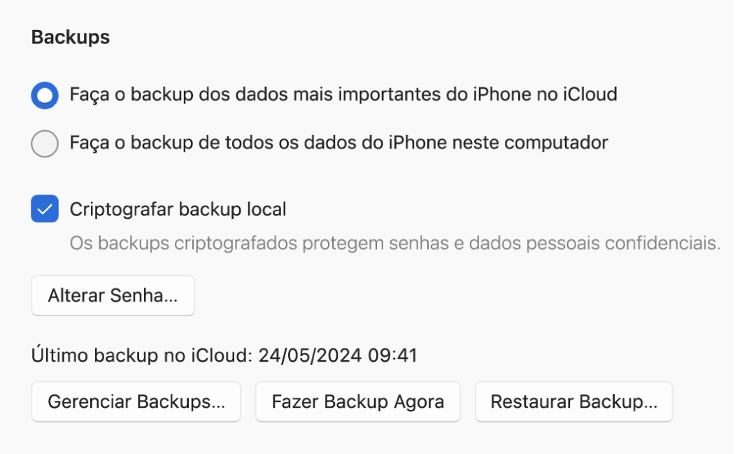 Janela de “Dispositivos Apple” mostrando opções de backup e restauração de um dispositivo Apple.