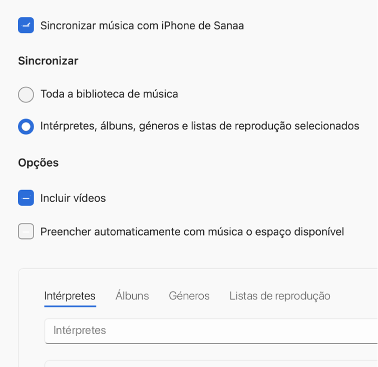 A opção “Sincronizar música para o dispositivo” aparece com opções adicionais para sincronizar a biblioteca inteira ou apenas músicas selecionadas com vídeos e gravações.