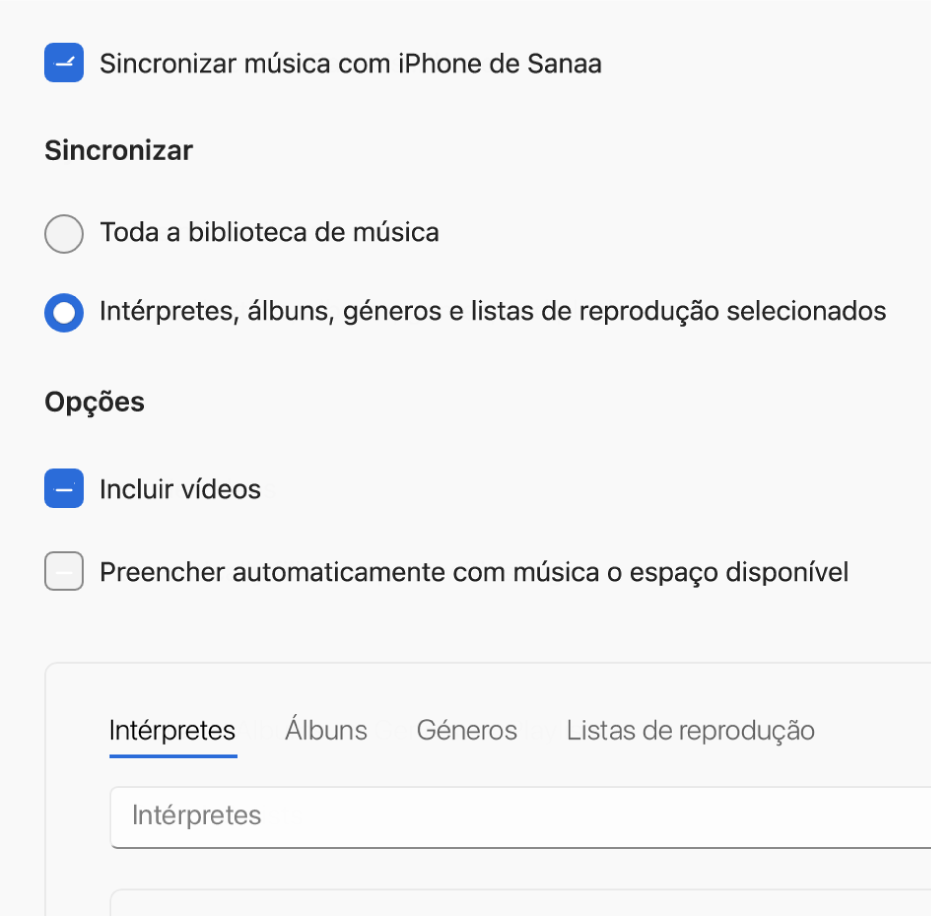 A janela de Dispositivos Apple a mostrar a opção de sincronização de música.