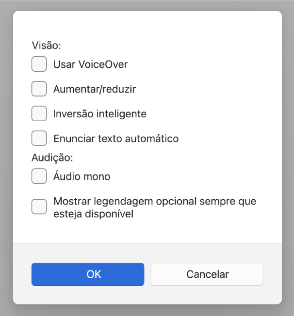 As funcionalidades de acessibilidade na aplicação Dispositivos Apple a mostrar as opções “Usar VoiceOver”, “Zoom”, “Inversão inteligente”, “Enunciar auto-texto”, “Usar áudio mono” e “Mostrar legendagem opcional sempre que esteja disponível”.